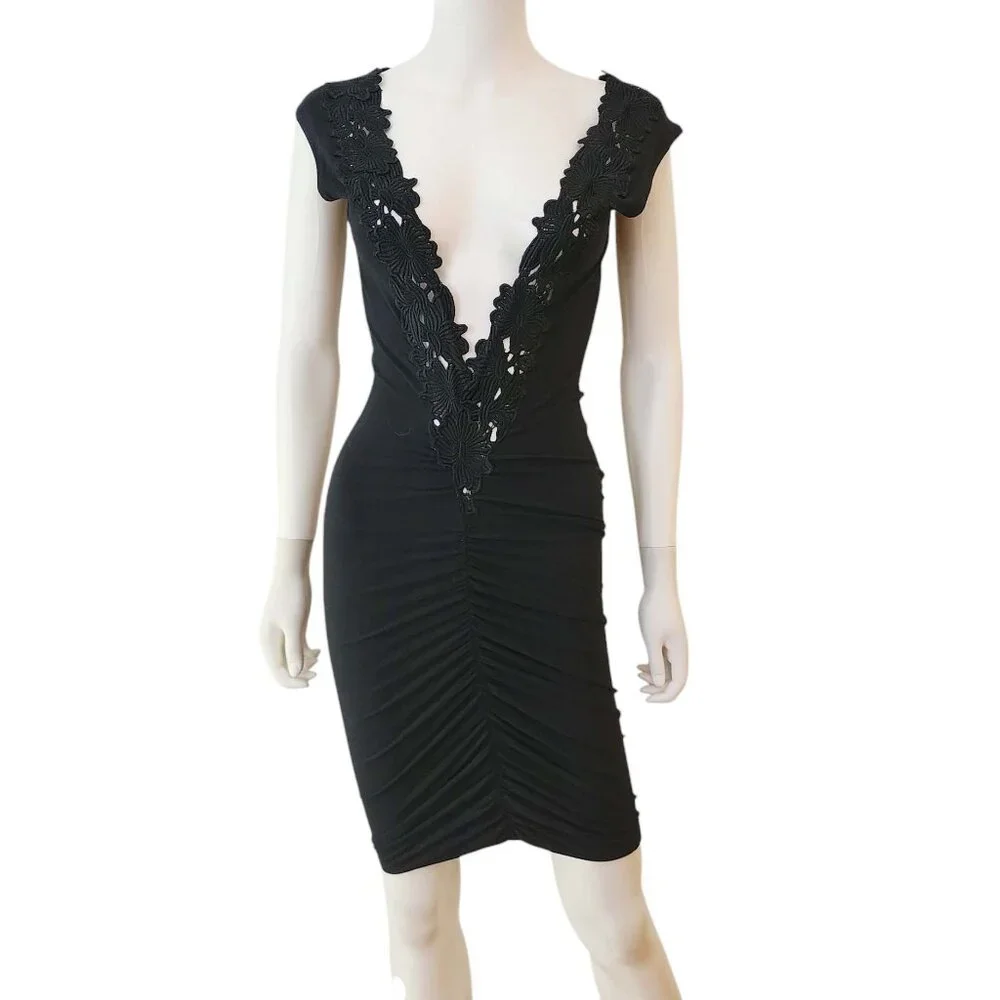 Cotton V-Neck Laced Bodycon Dress - Picture 1 of 9
